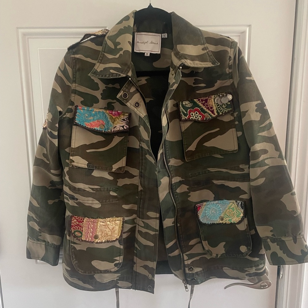 Anthropologie Green and Brown Utility Jacket with Artistic Accents
